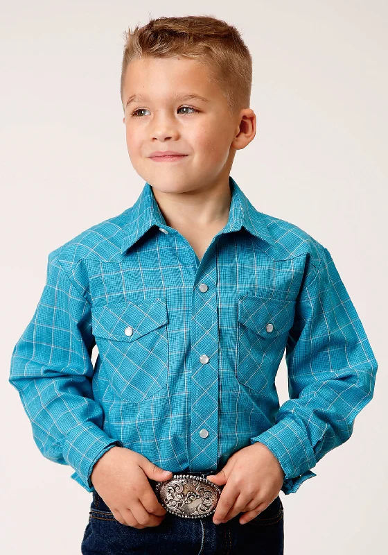 Roper Boys Kids Turquoise/Black Cotton Blend Windowpane L/S ShirtRunning Shirts