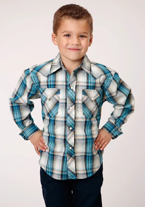 Roper Boys Kids Vintage Turquoise 100% Cotton Plaid L/S ShirtStreetwear Shirts