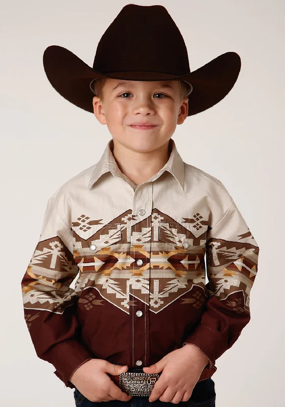 Roper Boys Kids Wine/Brown 100% Cotton Arizona Aztec Border L/S ShirtHooded Shirts