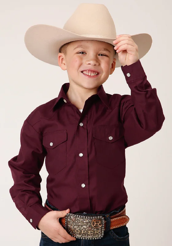 Roper Boys Kids Wine Cotton Blend Solid Broadcloth L/S ShirtLongline Shirts