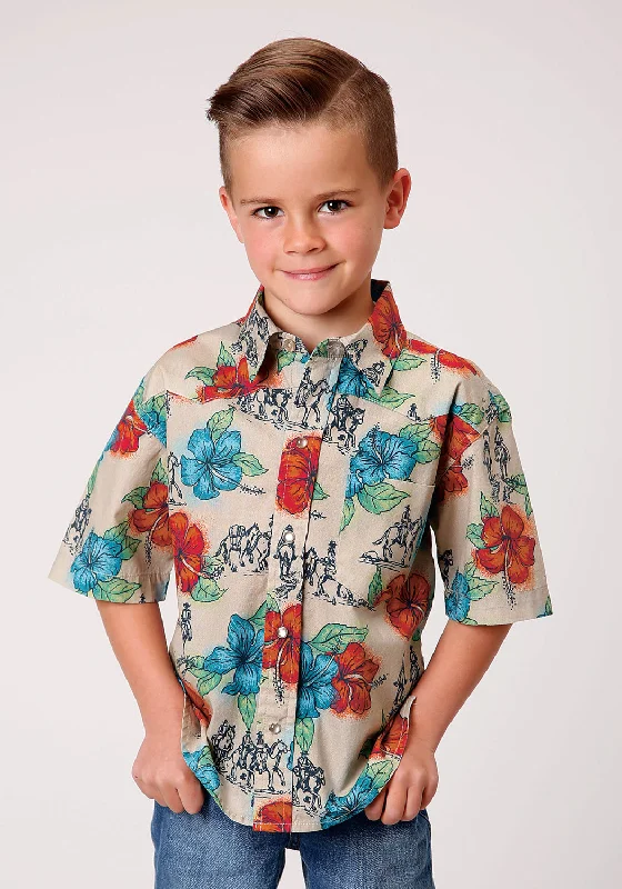 Roper Boys Multi-Color 100% Cotton Trail Ride Tropical S/S Pkt ShirtDenim Shirts