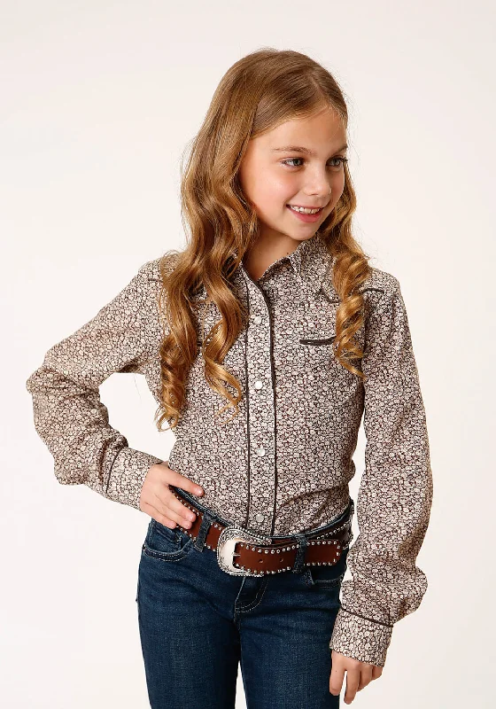 Roper Girls Brown/Cream Cotton Blend Floral Print L/S ShirtLayered Shirts