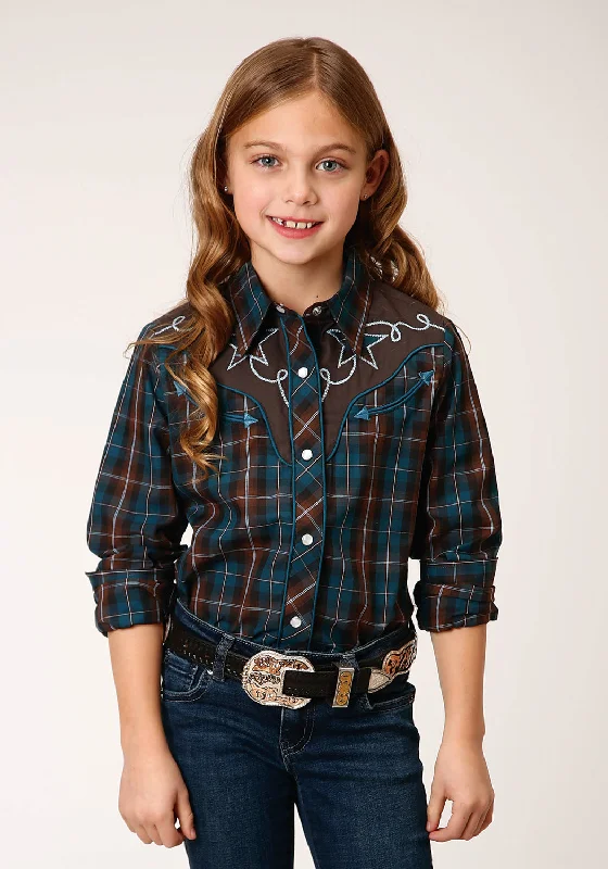 Roper Girls Brown/Teal Cotton Blend Windowpane L/S Plaid ShirtAthletic Shirts