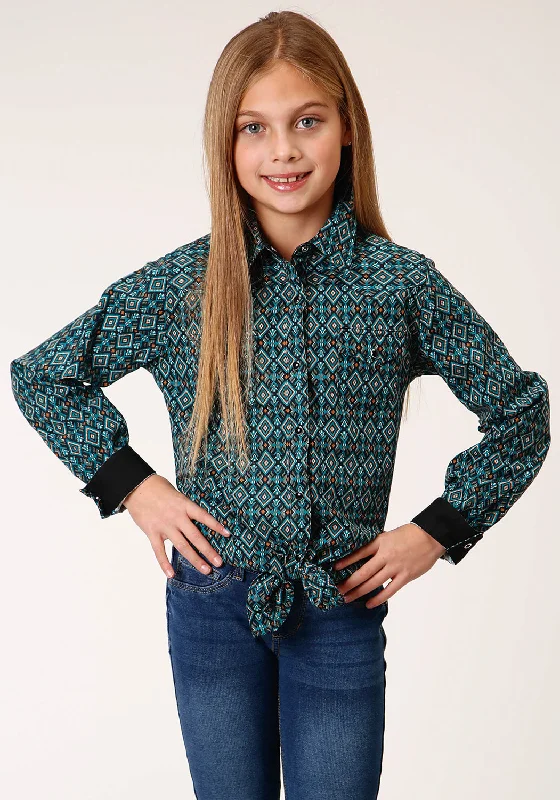 Roper Girls Kids Black 100% Cotton Diamond Aztec L/S ShirtAthletic Shirts