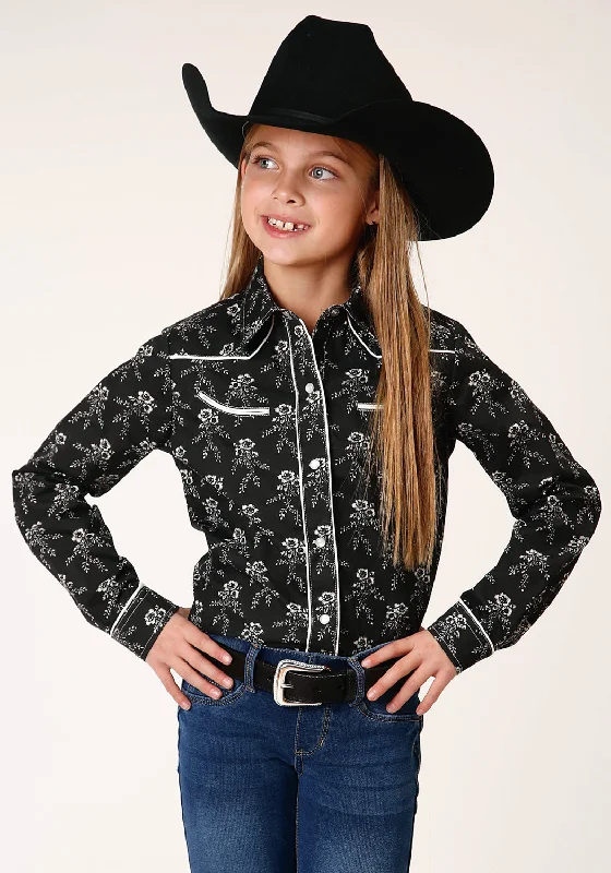 Roper Girls Kids Black/Cream Cotton Blend Floral Print L/S ShirtFloral Shirts