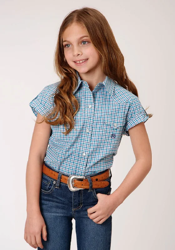 Roper Girls Kids Blue Cotton Blend Stretch Check S/S Shirt LAsymmetrical Shirts