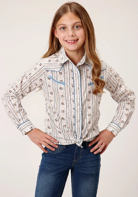 Roper Girls Kids Brown/Blue Cotton Blend Wallpaper Stripe L/S ShirtPolka Dot Shirts