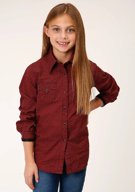 Roper Girls Kids Red 100% Cotton Tribal Geo L/S ShirtAsymmetrical Shirts