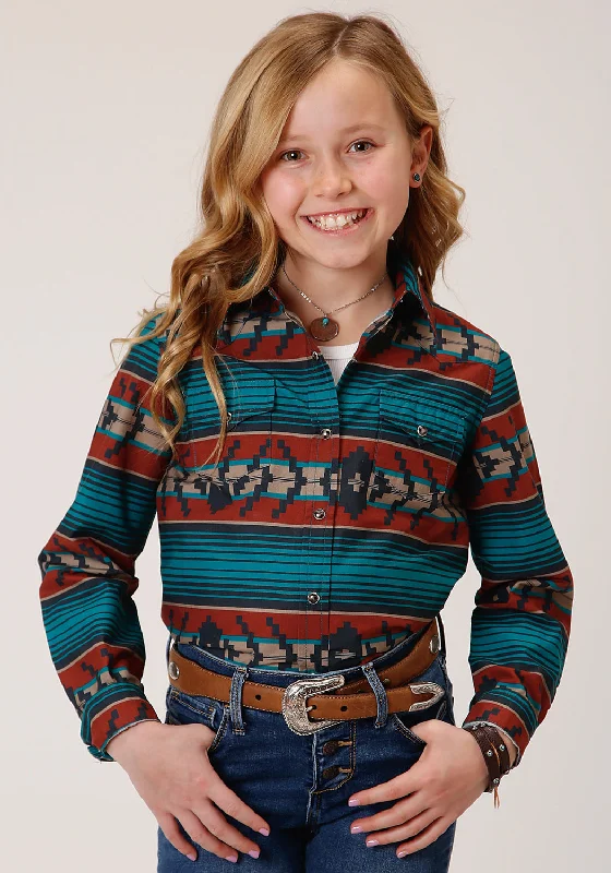 Roper Girls Kids Rust Multi 100% Cotton Ombre Aztec L/S ShirtLogo Shirts