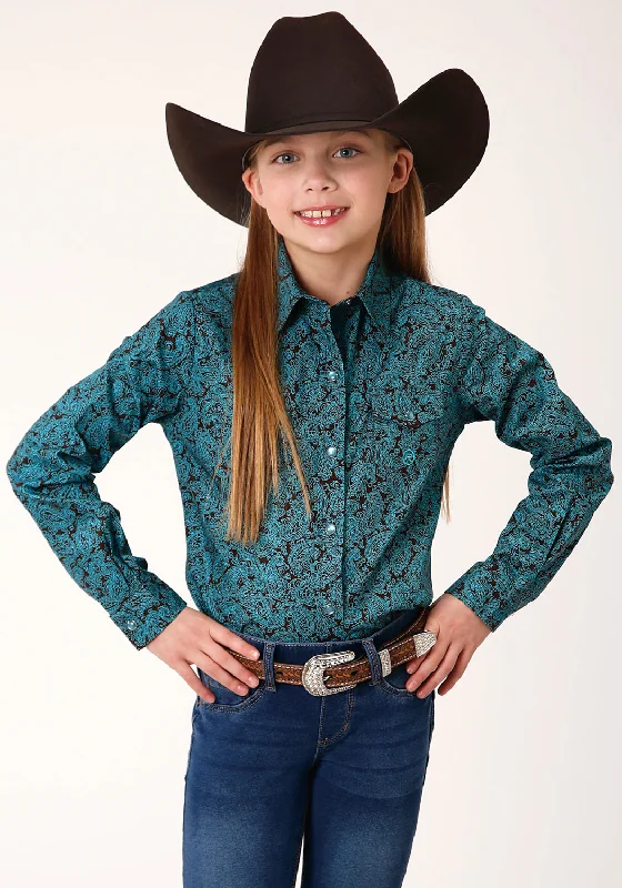 Roper Girls Kids Turquoise 100% Cotton Agave Paisley L/S ShirtHip-Hop Shirts