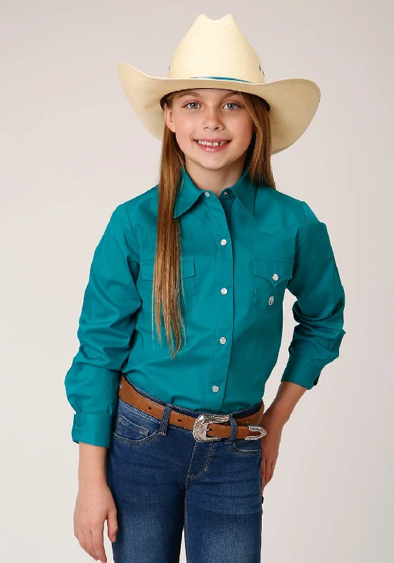 Roper Girls Kids Turquoise Cotton Blend Solid Poplin L/S Shirt MDress Shirts