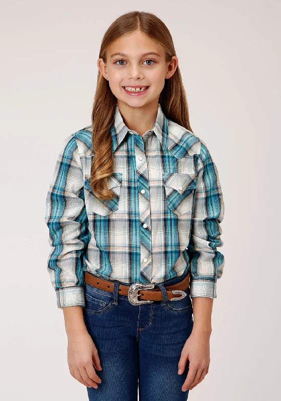 Roper Girls Kids Vintage Turquoise 100% Cotton Plaid L/S ShirtYoga Shirts