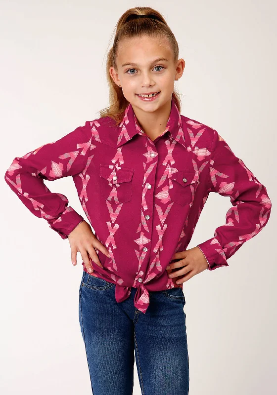 Roper Girls Kids Wine Rayon/Nylon Aztec Print L/S Blouse ShirtLongline Shirts