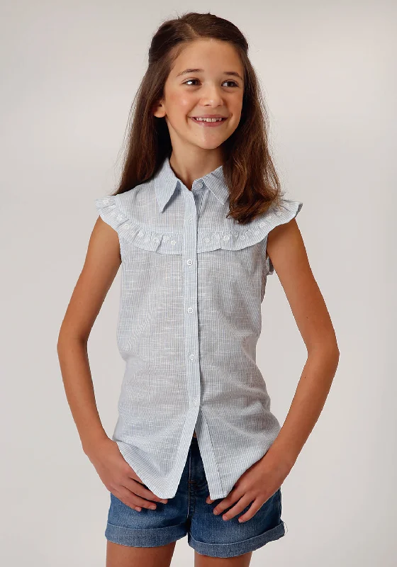 Roper Girls Light Blue 100% Cotton Ruffle Yoke S/L ShirtRelaxed Fit Shirts