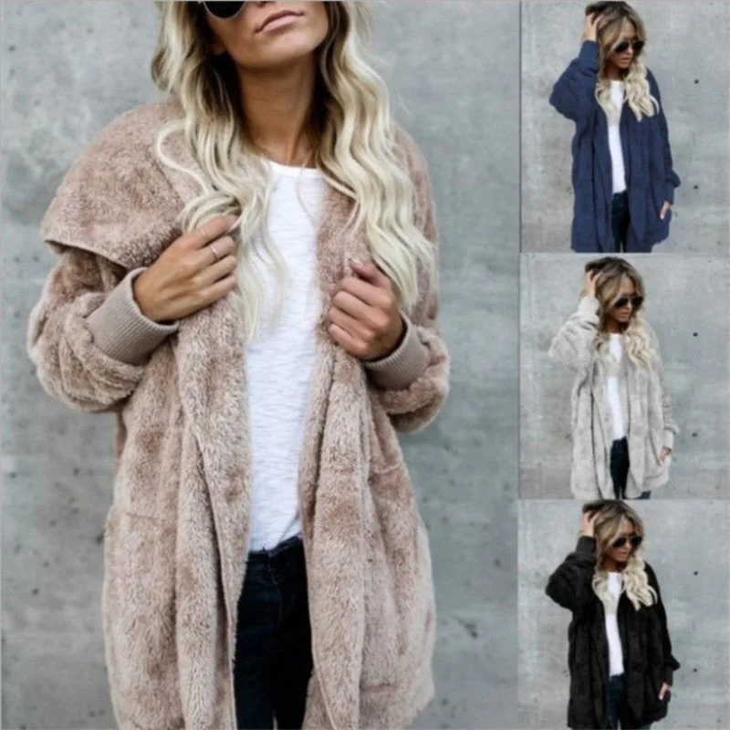 Running JacketsS-5XL Faux Fur Teddy Bear Coat Jacket Women Fashion Open Stitch Winter Hooded Coat Female Long Sleeve Fuzzy Jacket 2018 Hot New