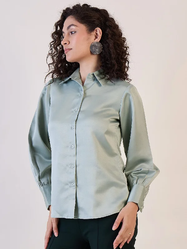 Sage Green Balloon Sleeve Satin ShirtZippered Shirts