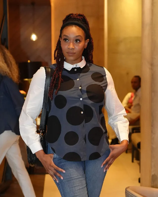 Urban Dots Button Down Shirt, NavyPeplum Shirts