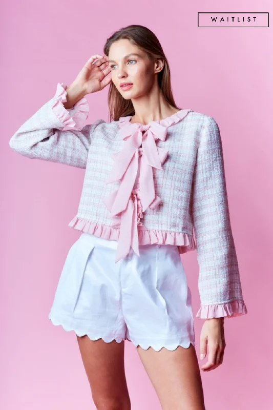 Hiking JacketsWaitlist 12/25 ♥ Willa Long Sleeve Ruffle Bow Tie Tweed Jacket Pink