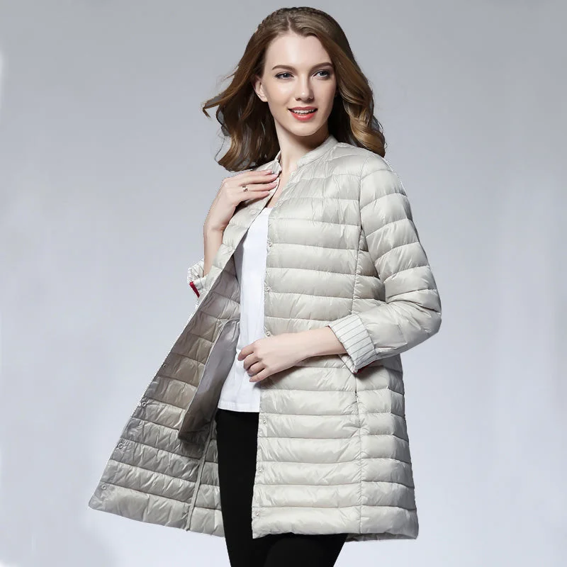 Reflective JacketsWoman Spring Padded Warm Coat Ultra Light Duck Down Jacket Long Female Overcoat Slim Solid Jackets Winter Coat Portable Parkas