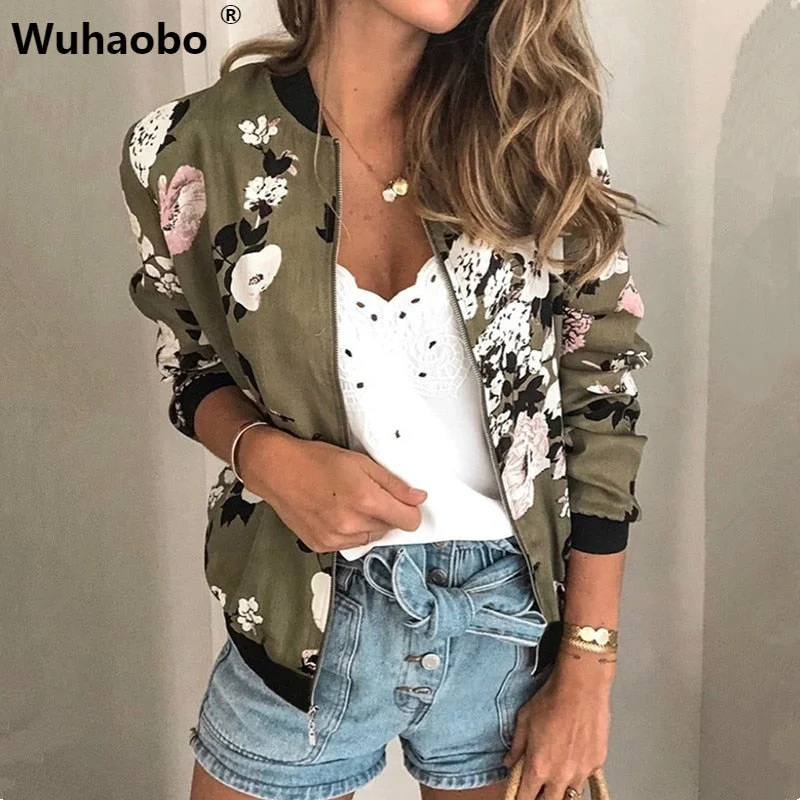 Leather-Paneled JacketsWuhaobo Fashion Retro Floral Print Women Coat Casual Zipper Up Bomber Jacket Ladies Casual Autumn Outwear Coats Women Clothing