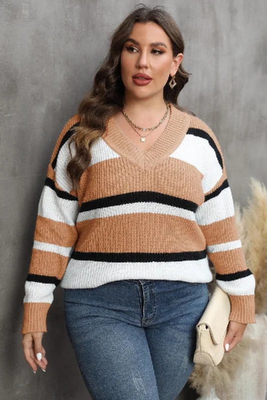 Minimalist SweatshirtsWOMEN STRIPE PATTERN RIBBED KNIT SWEATSHIRT