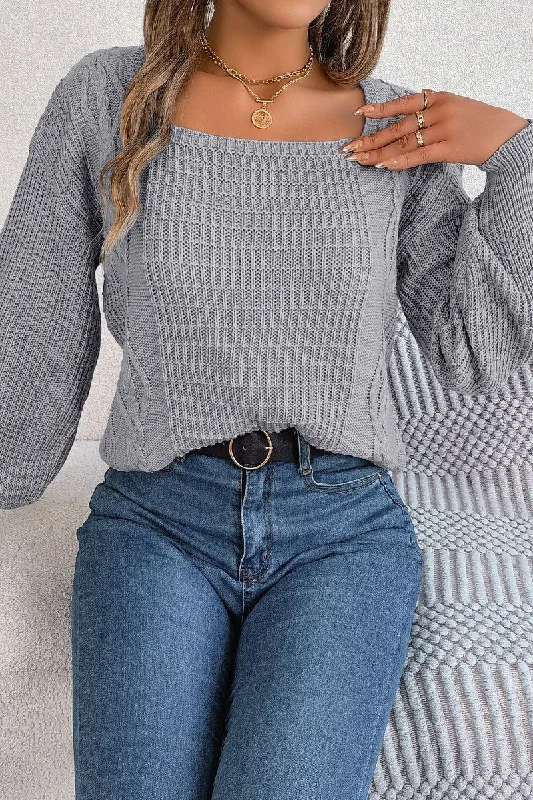 Fleece SweatshirtsWOMEN CABLE KNITTED SQUARE NECK KNIT SWEATSHIRT