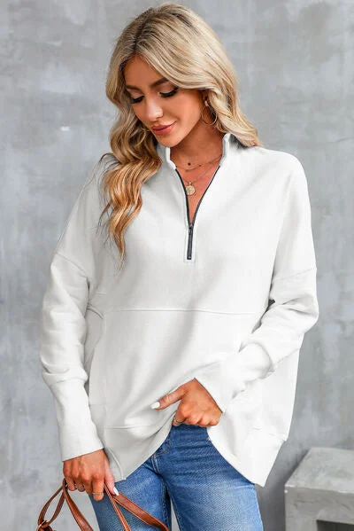 Quilted SweatshirtsHalf Zip Pocketed Dropped Shoulder Sweatshirt