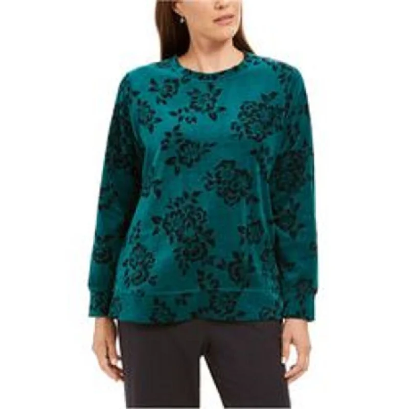 Beaded SweatshirtsKaren Scott Women's Petite Floral-Print Sweatshirt Green Size Small