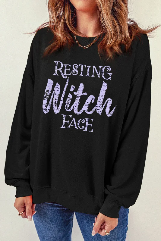 Rainproof HoodiesRound Neck Long Sleeve RESTING WITCH FACE Graphic Sweatshirt