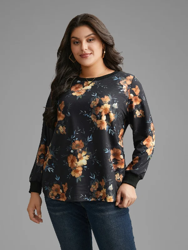 High-Fashion SweatshirtsRound Neck Natural Flowers Slightly Stretchy Sweatshirt