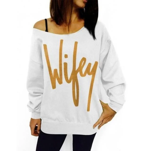 Reflective HoodiesWomen Blouse Letter Print Loose O-Neck Sweatshirt