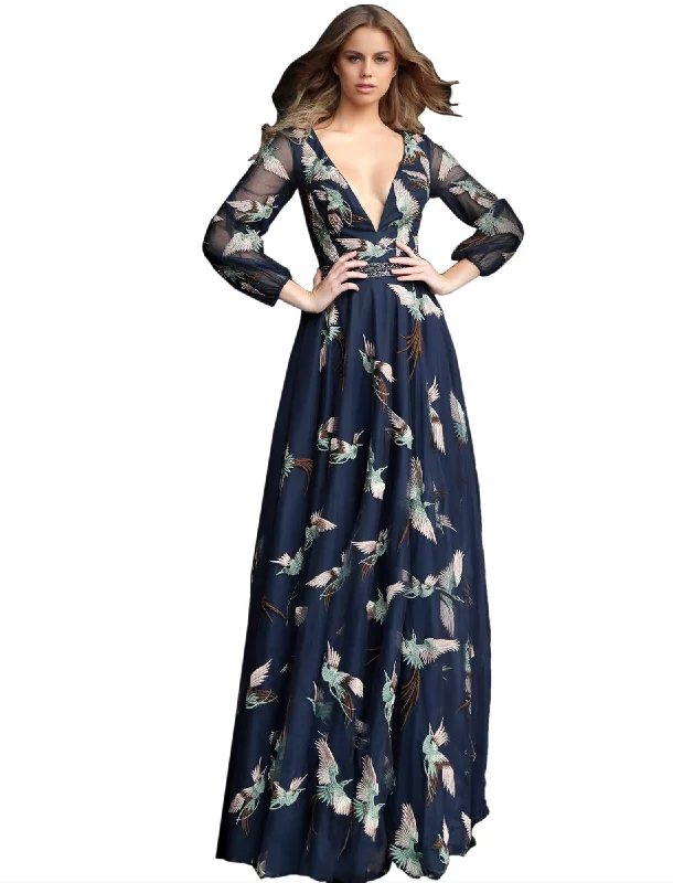 VNeckTopOasisJovani Navy Embroidered Long Sleeve V Neck Prom Gown