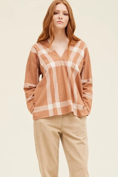 VNeckTopWavePlaid V Neck Blouse