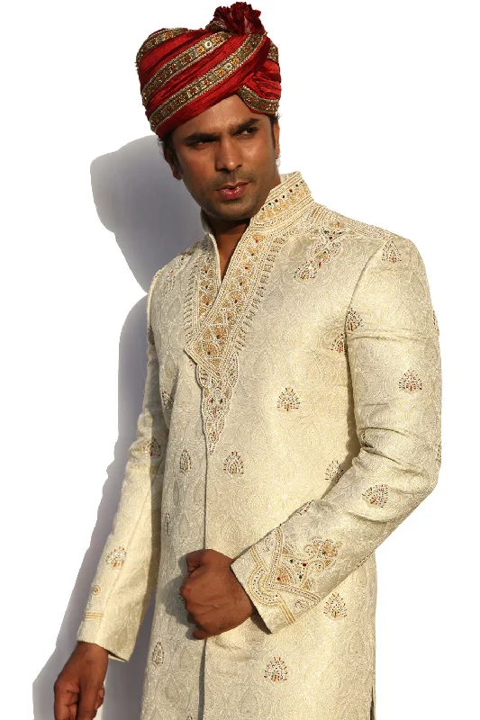 VNeckTopRidgeStand Collar V Neck Style Indian Wedding Cream Sherwani For Men