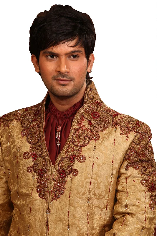 VNeckTopPearlStylish V Neck Gold Indian Wedding Sherwani For Men