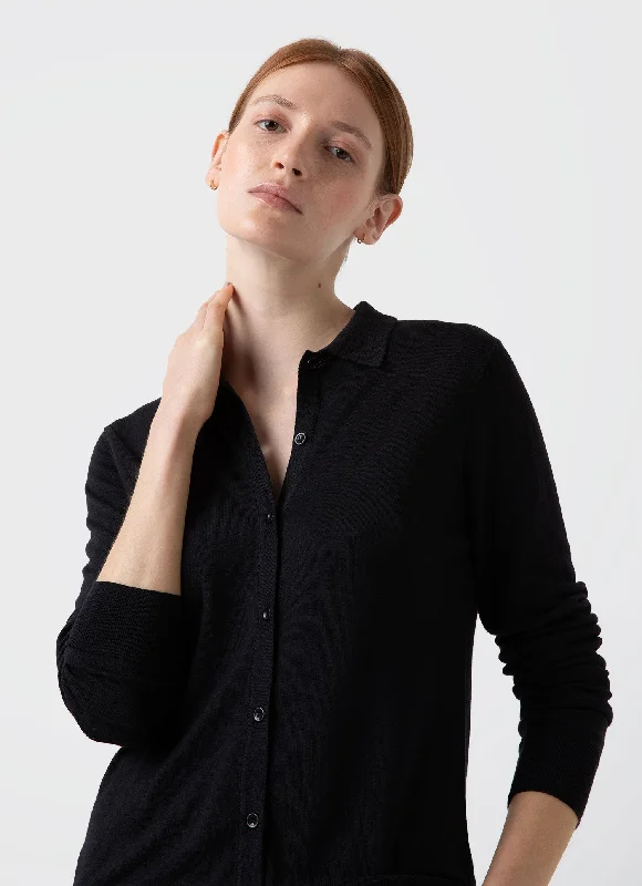 Women's Merino Silk Collar Cardigan in Black