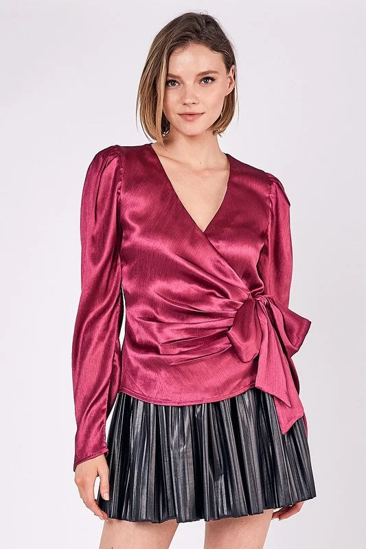 VNeckTopNovaRuby, Tie waist v neck satin wrap top