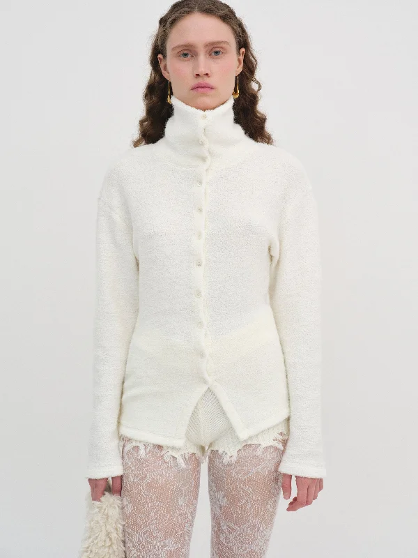 Mohair High-Neck Cardigan, White