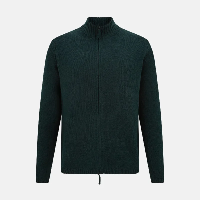 Forest Green Merino High Neck Zipped Cardigan