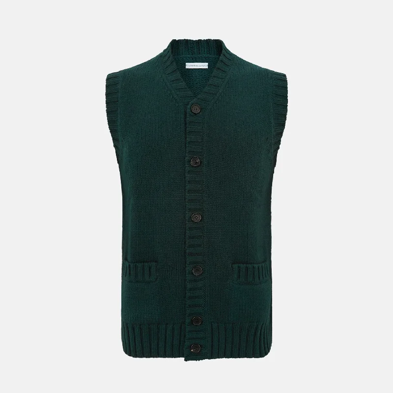 Forest Green Merino V-Neck Sleeveless Cardigan