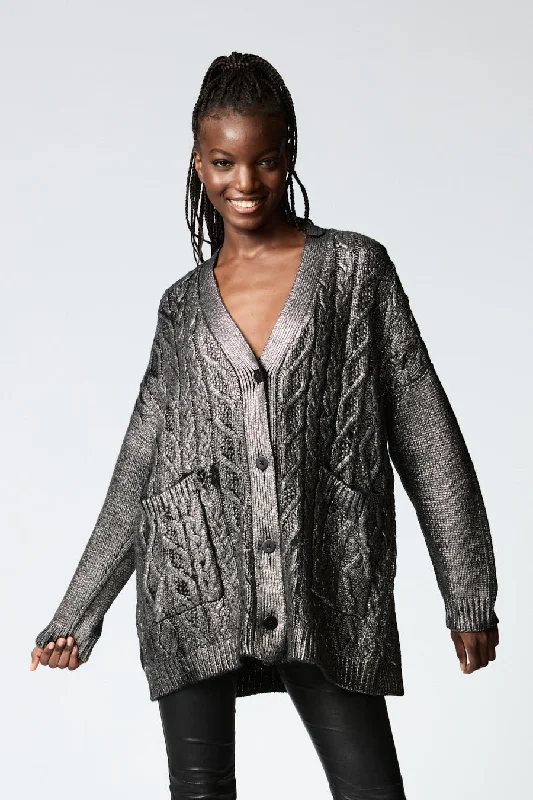 LAMINATED V NECK LONG RAGLAN CARDIGAN WITH BRAIDS