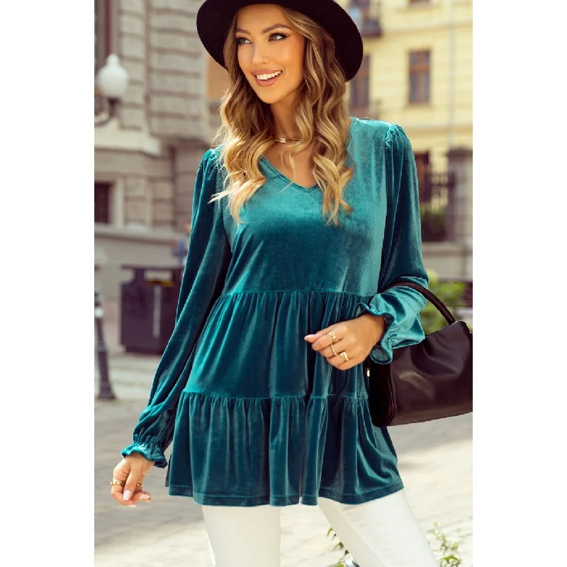 VNeckTopNebulaJasmine Velvet V Neck Puff Sleeve Blouse