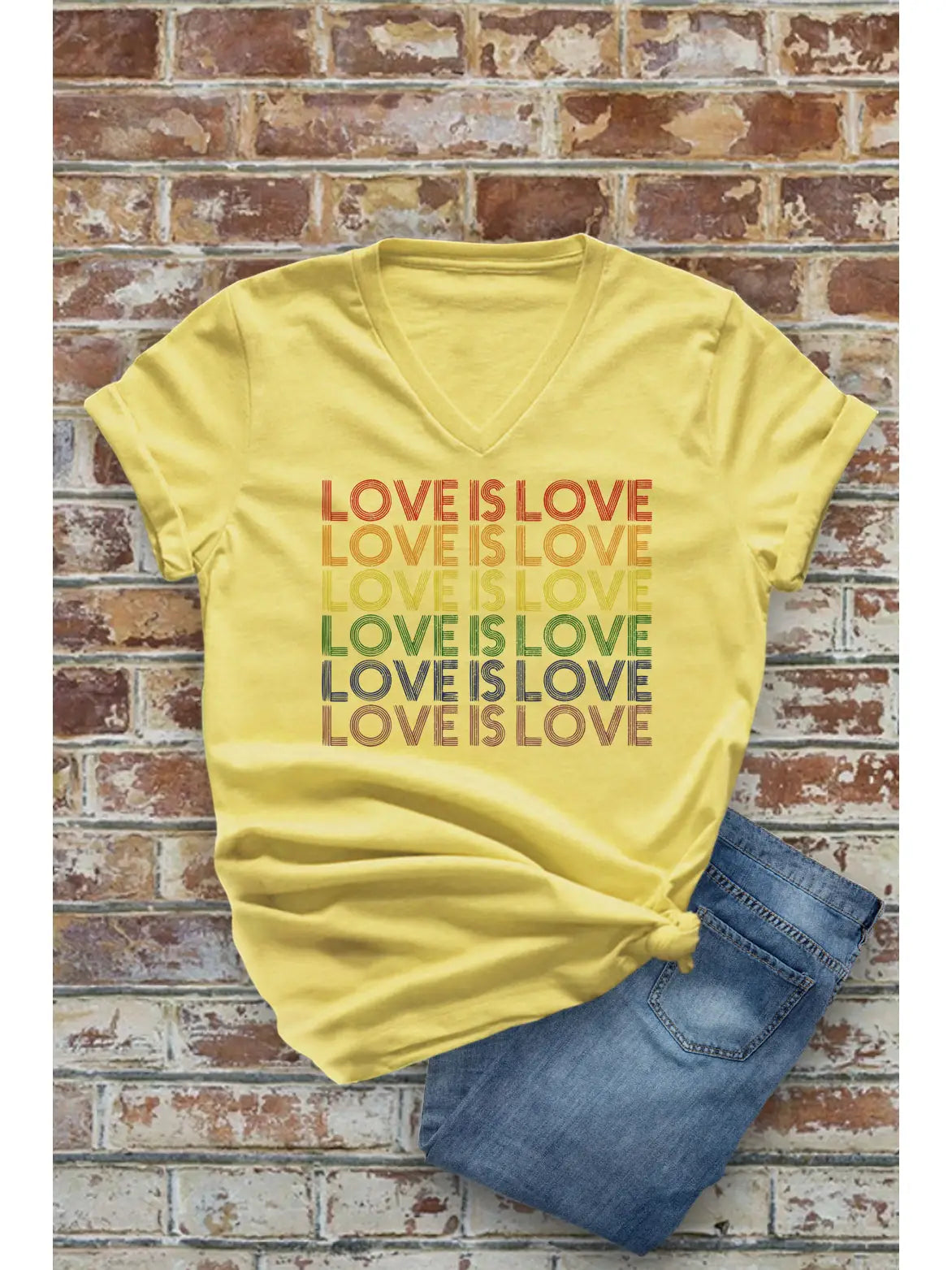 VNeckTopCrystalLove is Love Rainbow Colored V Neck Tee