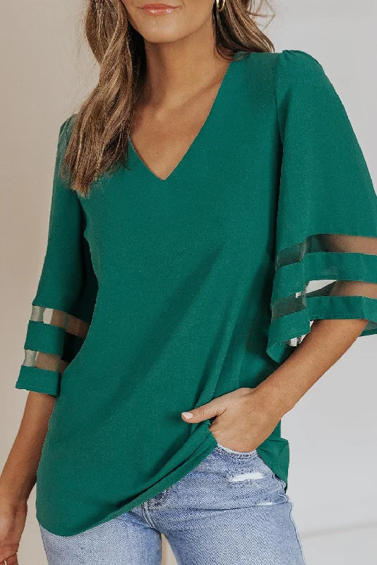 VNeckTopRiseHazel Blues® | Sheer Striped Flare Sleeve V-Neck Blouse