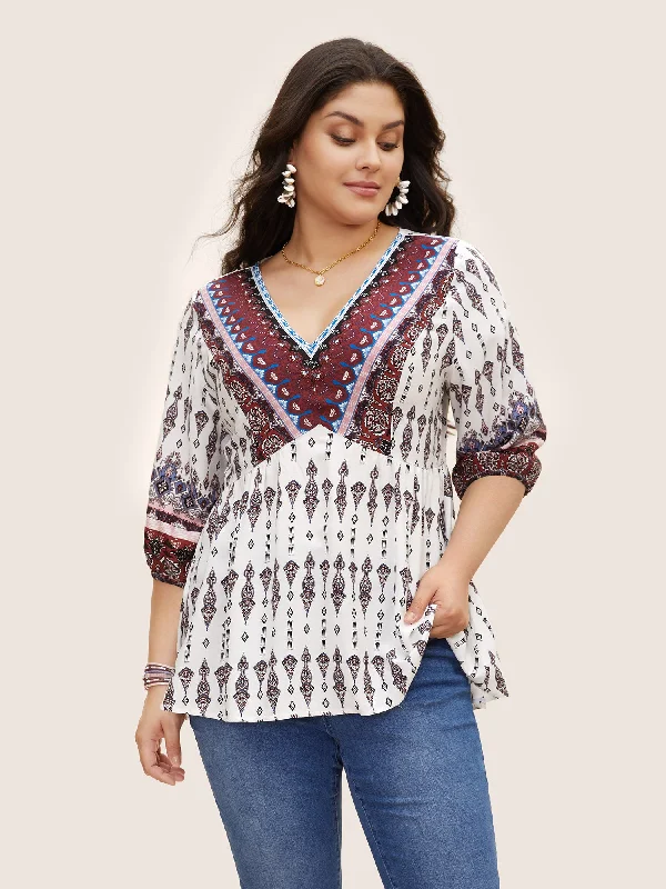 VNeckTopAquaV Neck Boho Print Lantern Sleeve Blouse