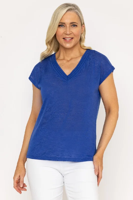 VNeckTopSapphireV Neck Slub Top With Neck Details in Blue