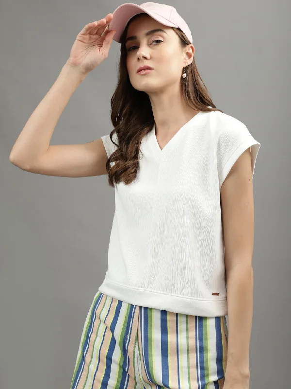 VNeckTopVortexIconic Women White Solid V Neck Top