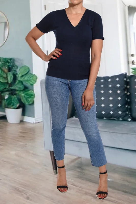 VNeckTopPlatinumNavy V Neck Top