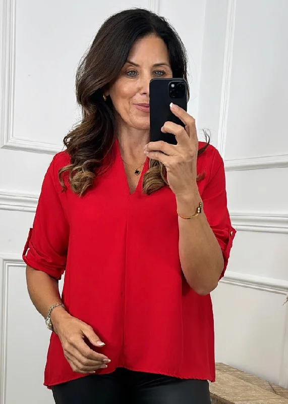 VNeckTopCrestRoisin Red V Neck Blouse