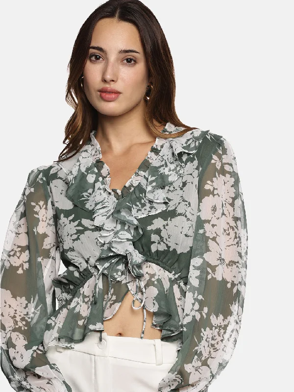 VNeckTopAdventurerIS.U Floral Green V-Neck Blouson Sleeve Top